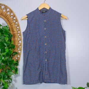 VTG Cotton World Plaid Sleeveless Tunic Mandarin Collar Boho Earthy Soft Autumn